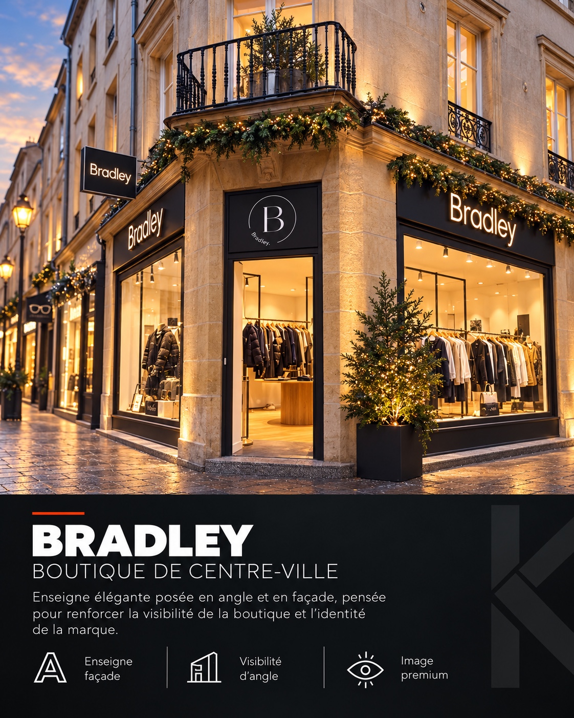 Bradley — Enseignes de boutique en façade et en angle